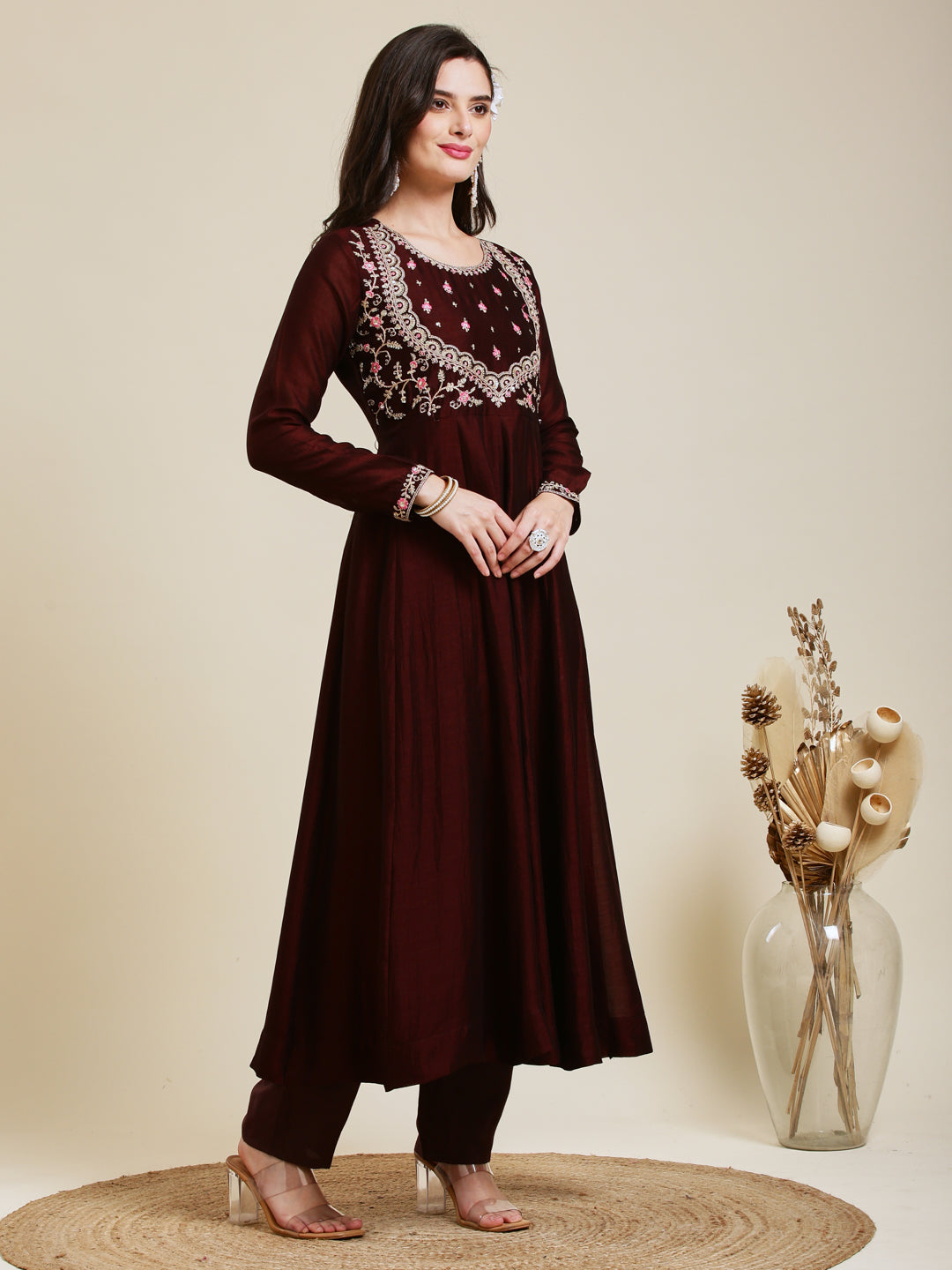 Coffee Embroidered Silk Anarkali Kurta With Dupatta Set