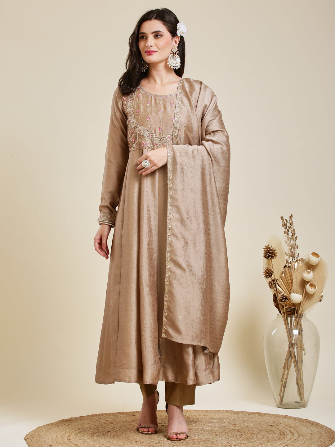 Grey Embroidered Silk Anarkali Kurta With Dupatta Set
