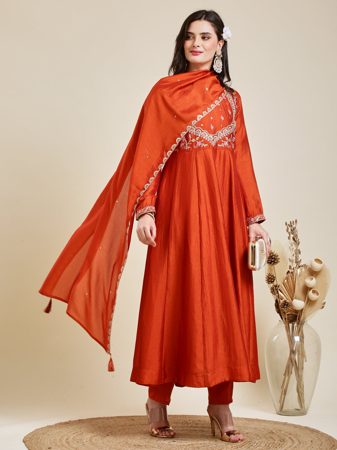 Orange Embroidered Silk Anarkali Kurta With Dupatta Set