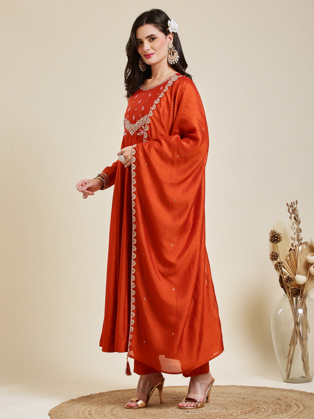 Orange Embroidered Silk Anarkali Kurta With Dupatta Set