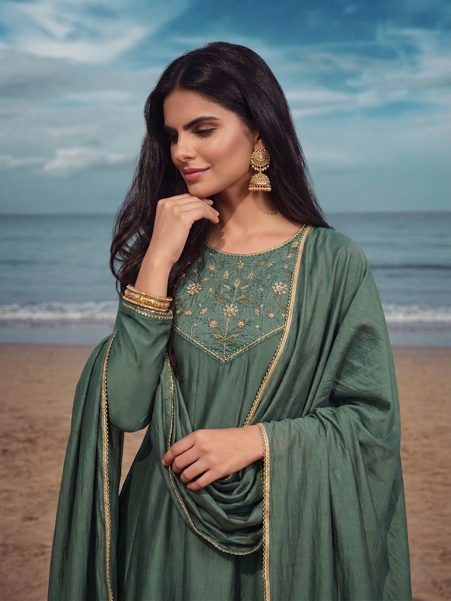 Olive Green Silk Embroidered Anarkali kurta with dupatta set