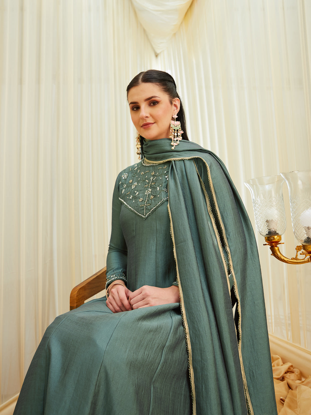 Olive Green Silk Embroidered Anarkali kurta with dupatta set