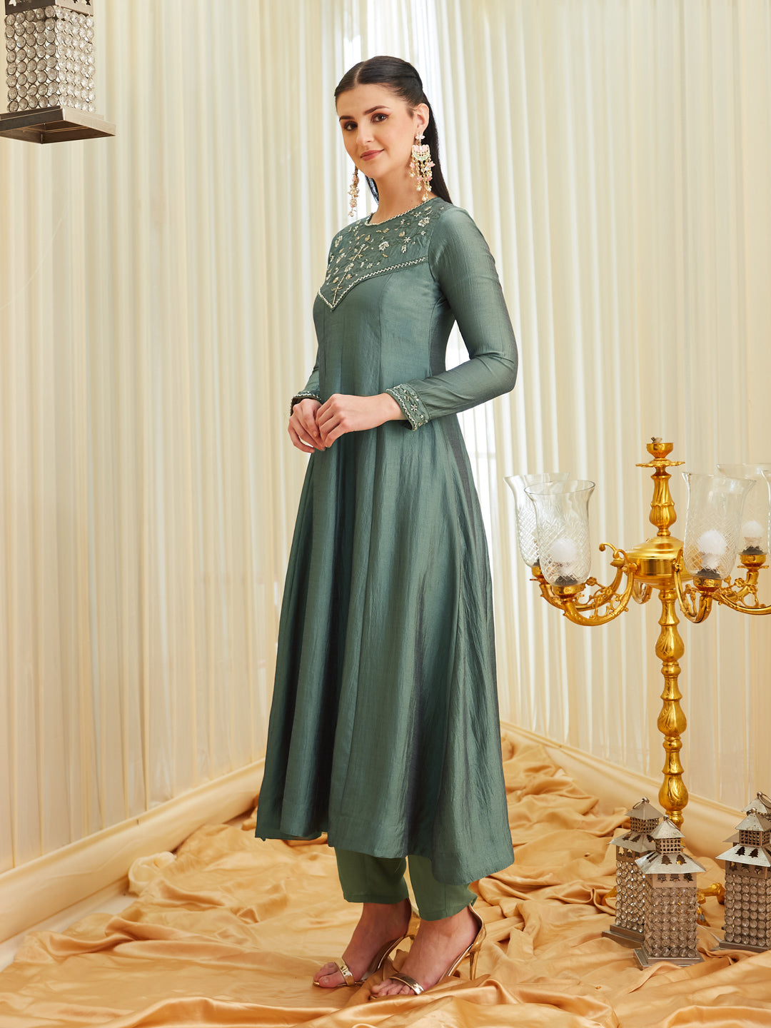Olive Green Silk Embroidered Anarkali kurta with dupatta set
