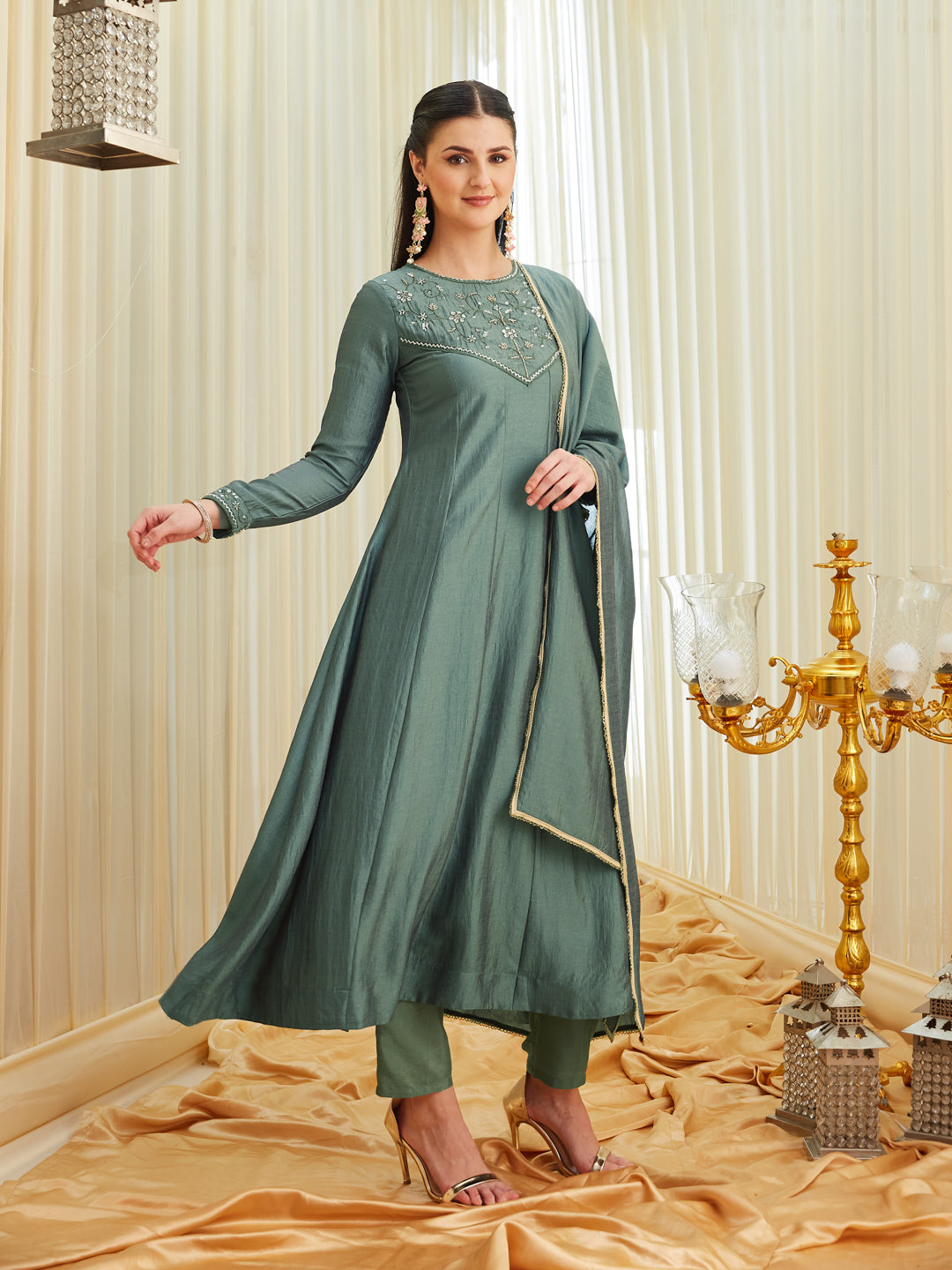 Olive Green Silk Embroidered Anarkali kurta with dupatta set