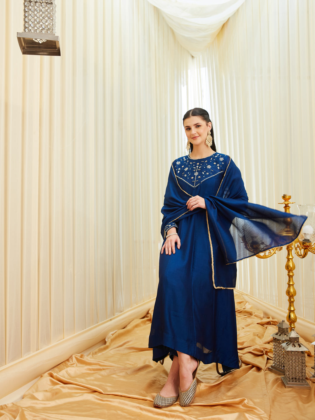 Teal Blue Silk Embroidered Anarkali kurta with dupatta set