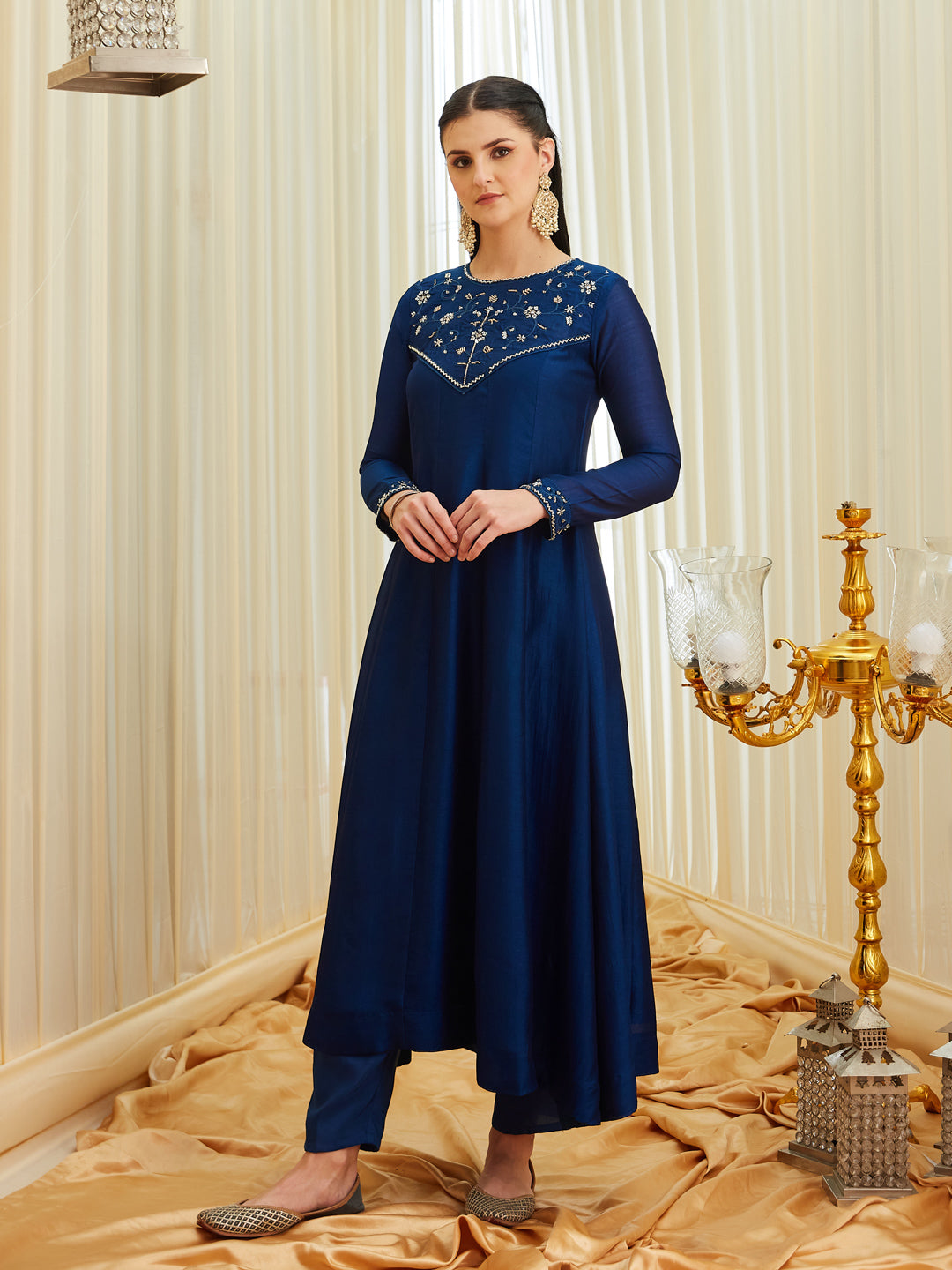 Teal Blue Silk Embroidered Anarkali kurta with dupatta set