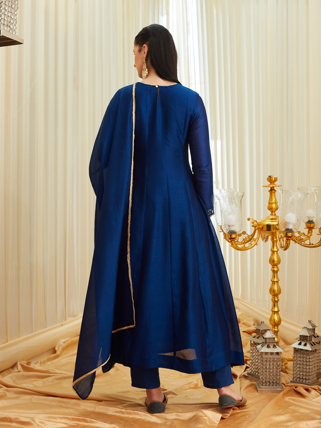 Teal Blue Silk Embroidered Anarkali kurta with dupatta set