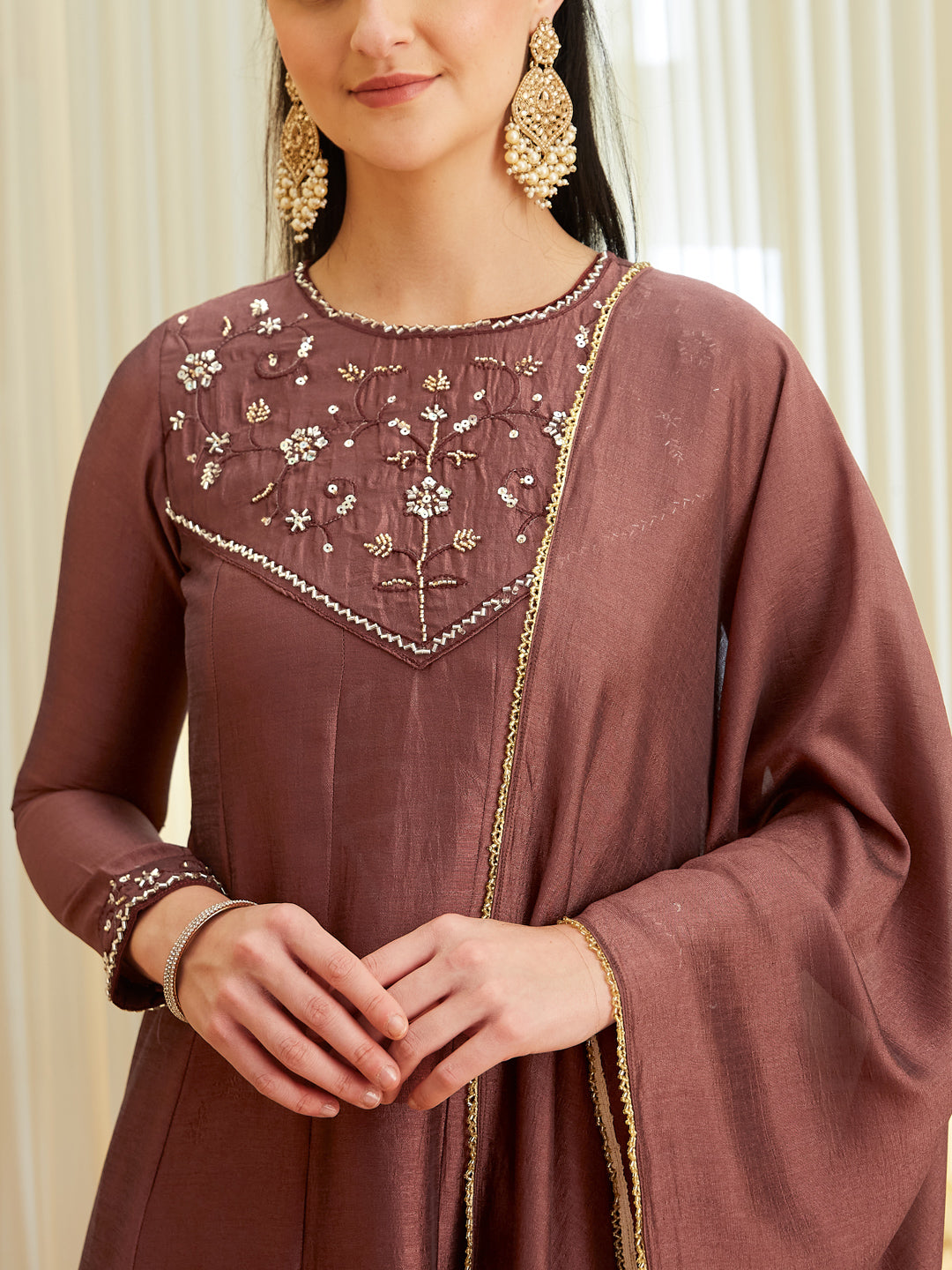 Berry Silk Embroidered Anarkali kurta with dupatta set