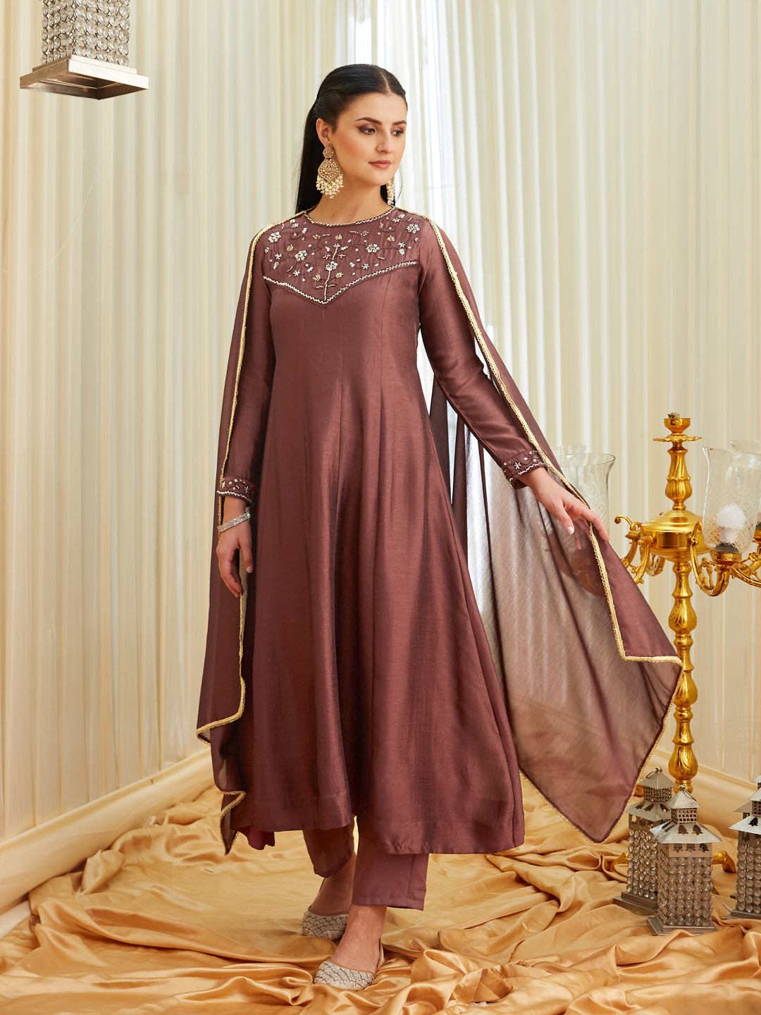 Berry Silk Embroidered Anarkali kurta with dupatta set
