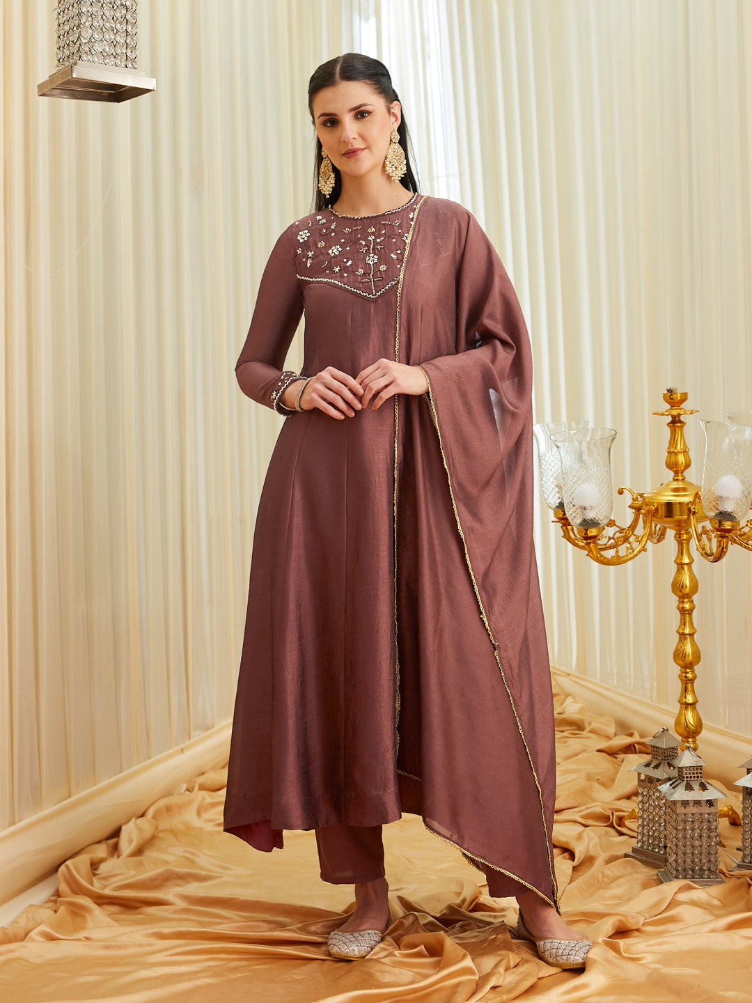 Berry Silk Embroidered Anarkali kurta with dupatta set