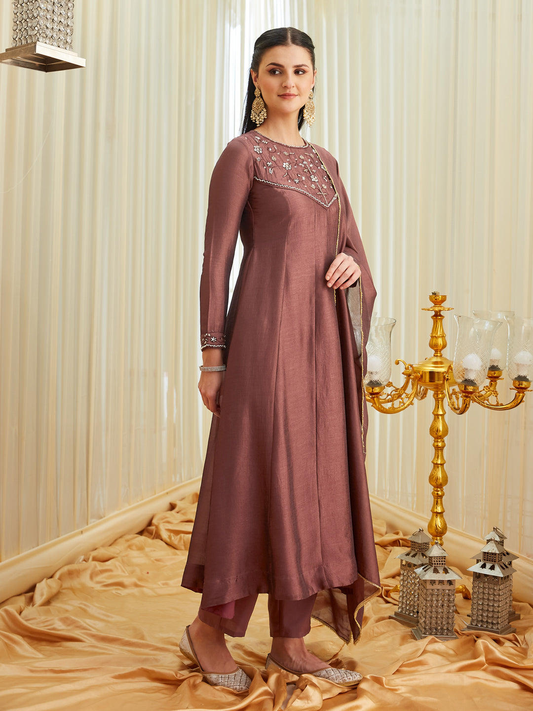 Berry Silk Embroidered Anarkali kurta with dupatta set