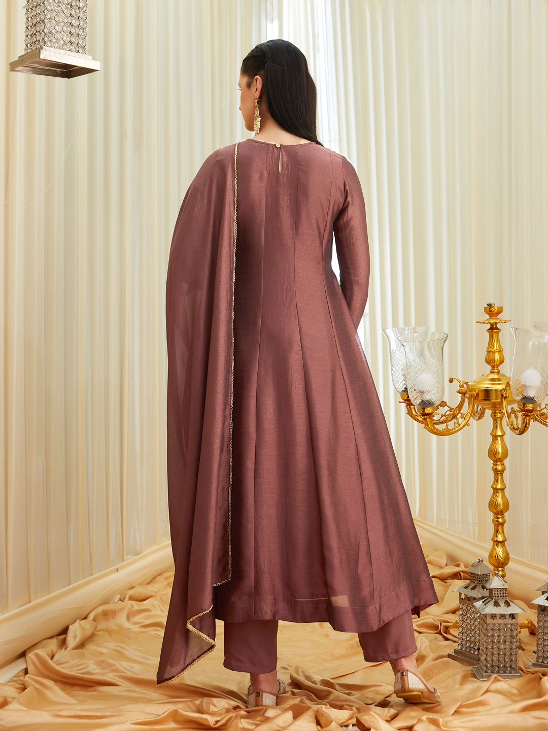 Berry Silk Embroidered Anarkali kurta with dupatta set