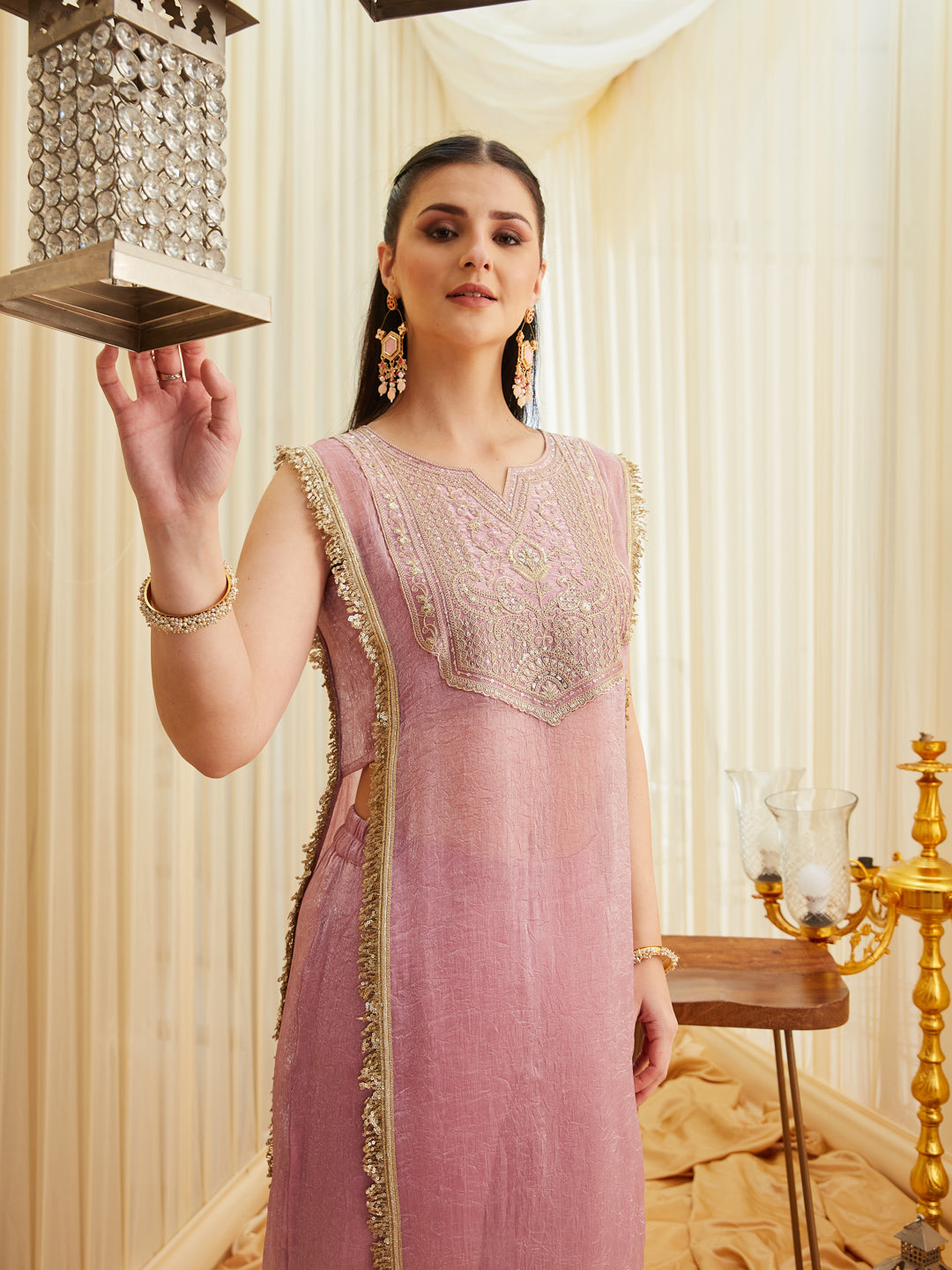 Pink Embroidered Sheer Silk Kurta Set | embroidered design view