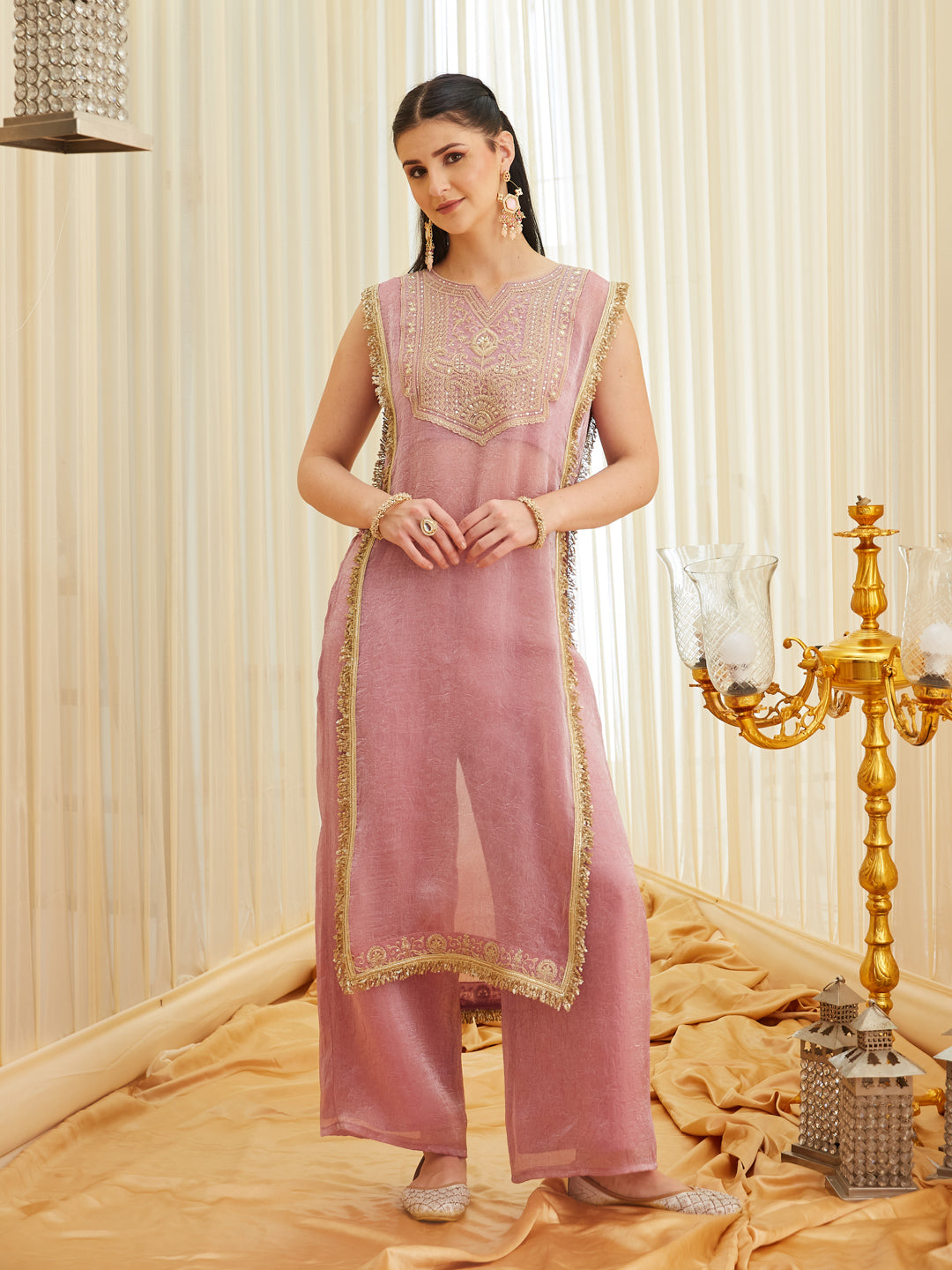 Pink Embroidered Sheer Silk Kurta Set |  frontside full view
