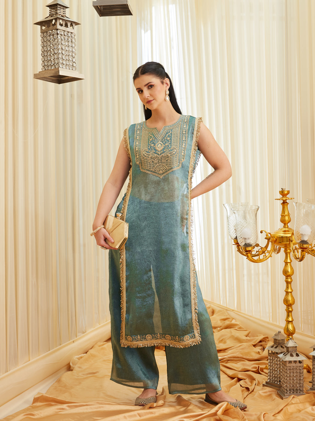 C-Green Embroidered Sheer Silk Kurta Set | frontside full view
