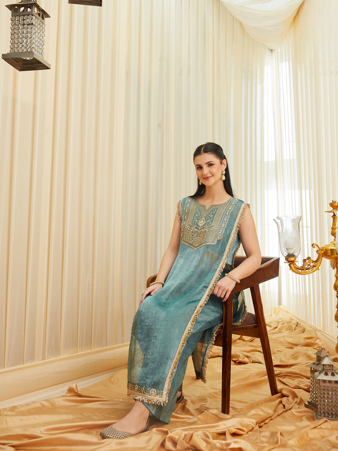 C-Green Embroidered Sheer Silk Kurta Set | frontside design view