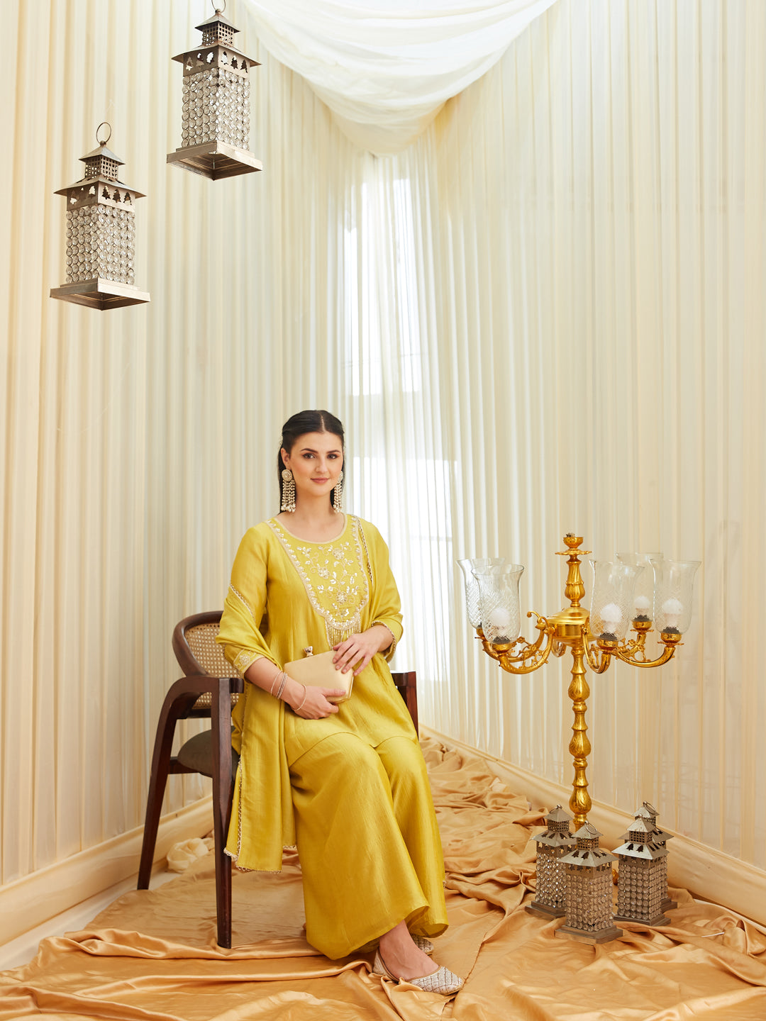 Yellow Silk Embroidered Top Sharara Set with Dupatta