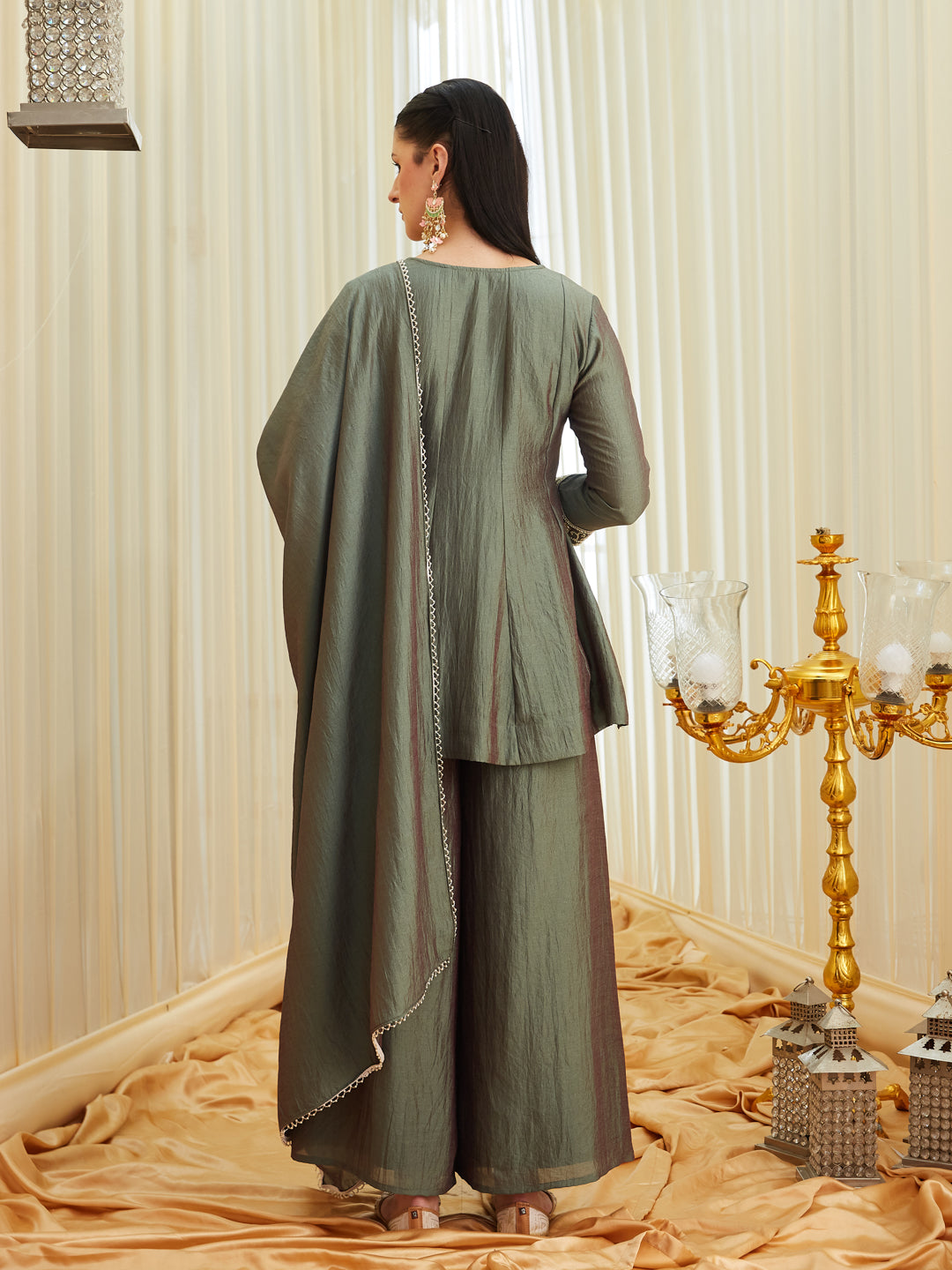 Green Silk Sharara Set with Embroidered Top & Dupatta