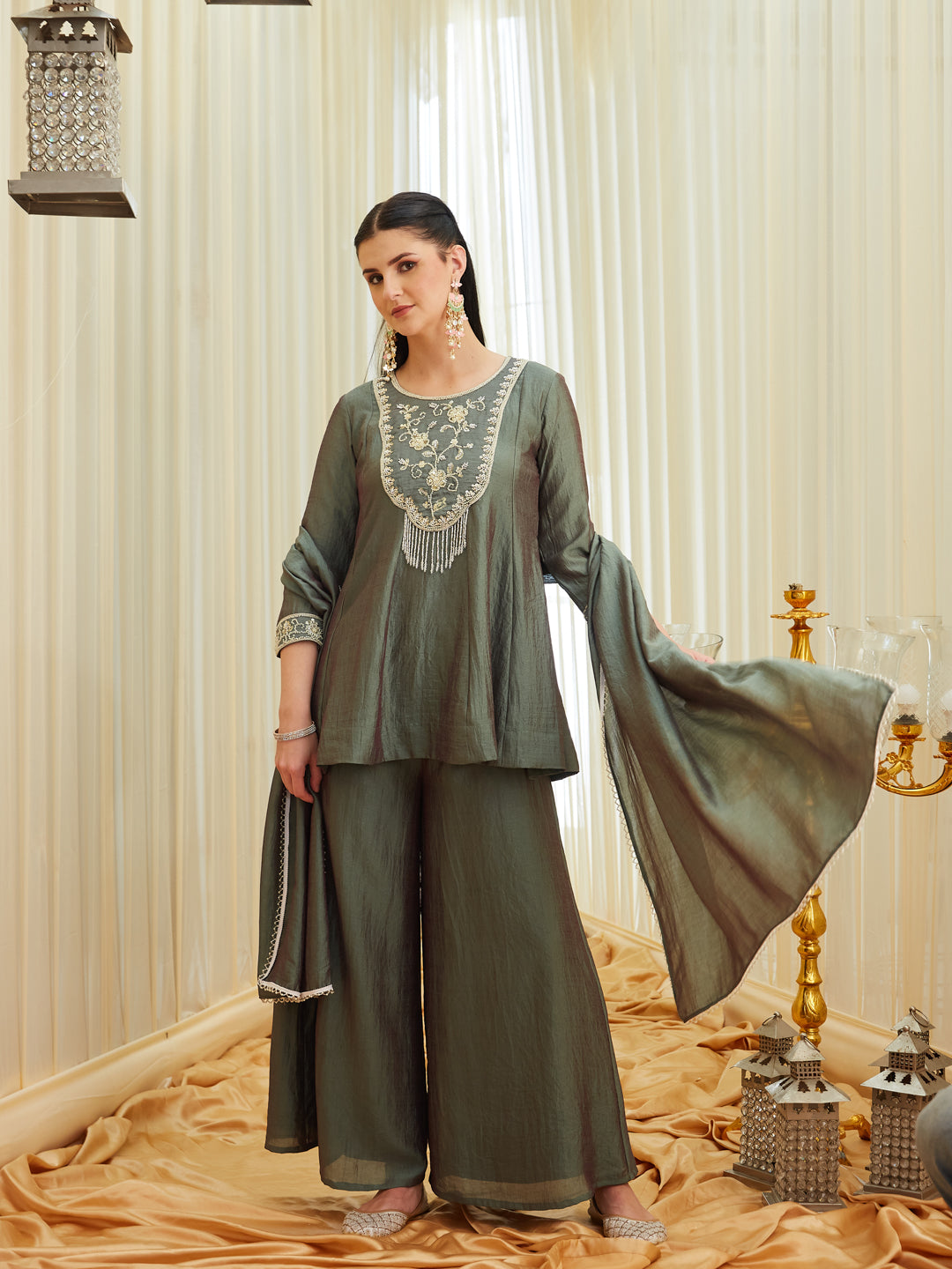 Green Silk Sharara Set with Embroidered Top & Dupatta