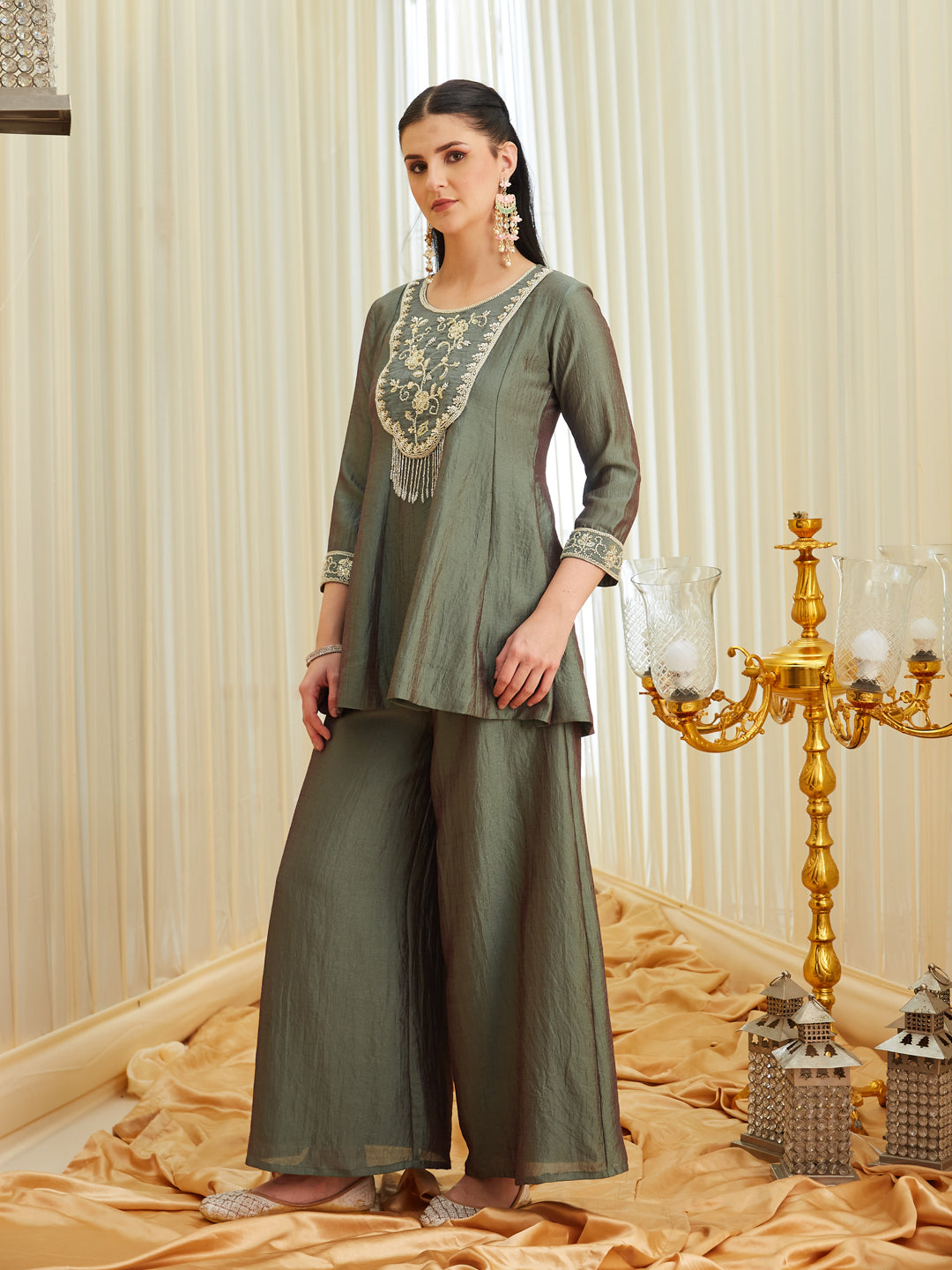 Green Silk Sharara Set with Embroidered Top & Dupatta
