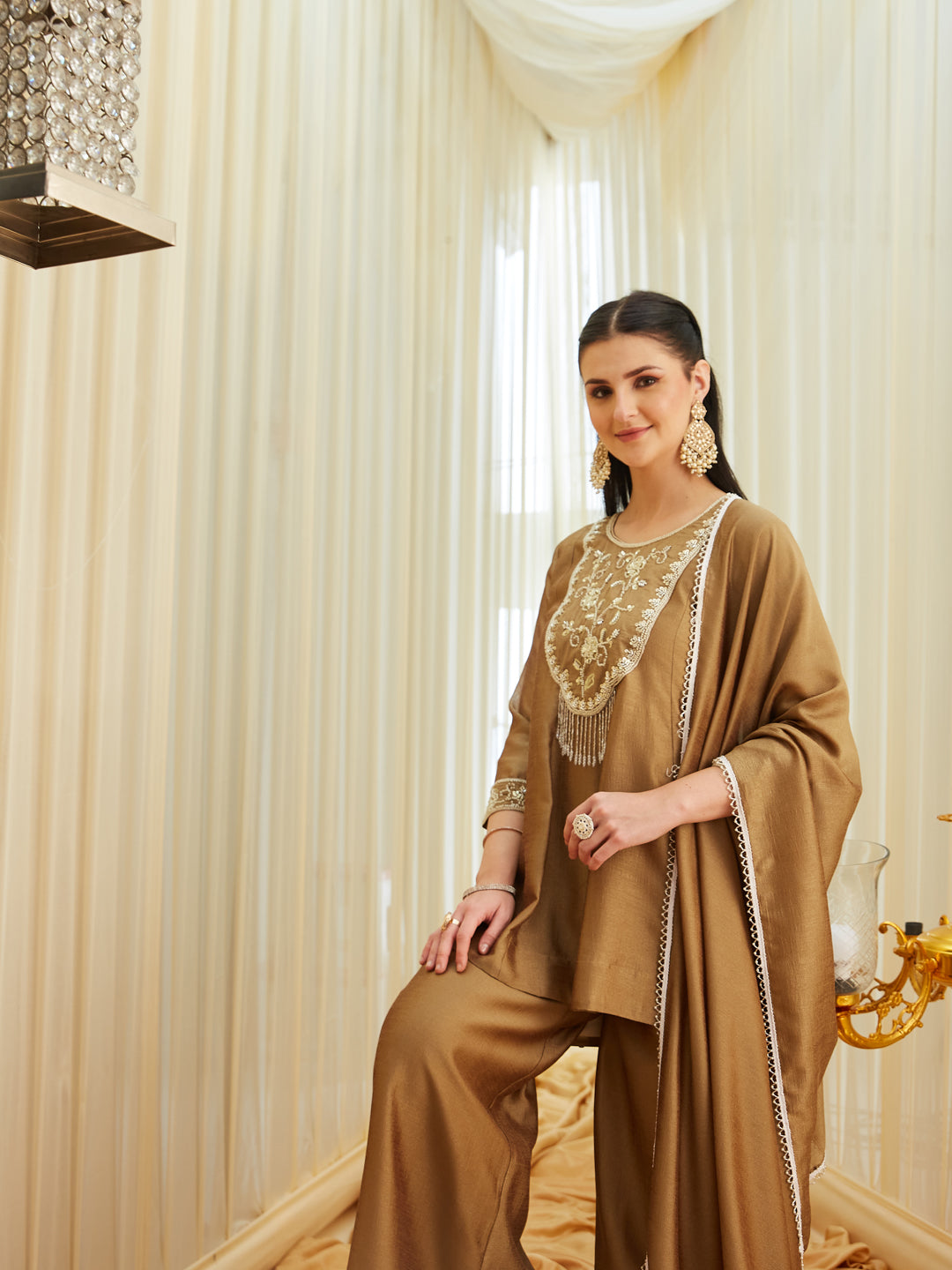 Gold Silk Embroidered Top Sharara Set with Dupatta