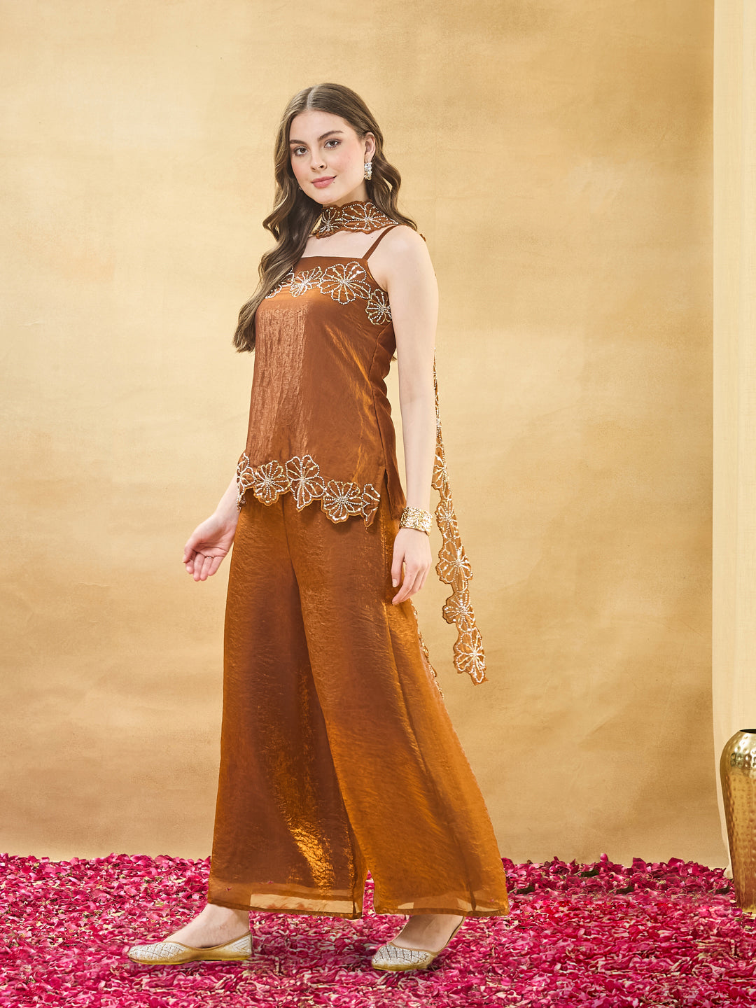 Rust Silk Embroidered Top with Palazzo Pants Set for women