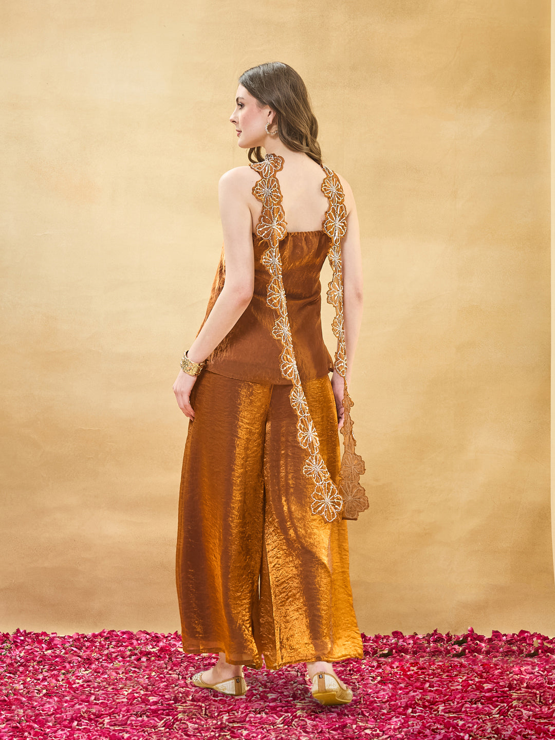 Rust Silk Embroidered Top with Palazzo Pants Set for women