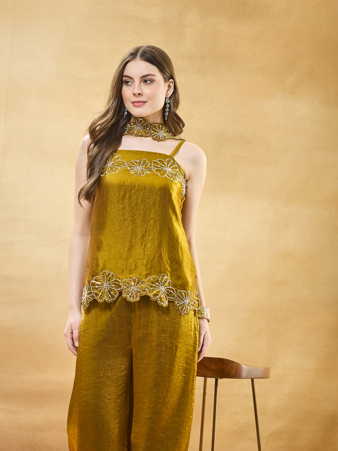 Golden Silk Embroidered Crop Top & Flowy Pants Ensemble for women