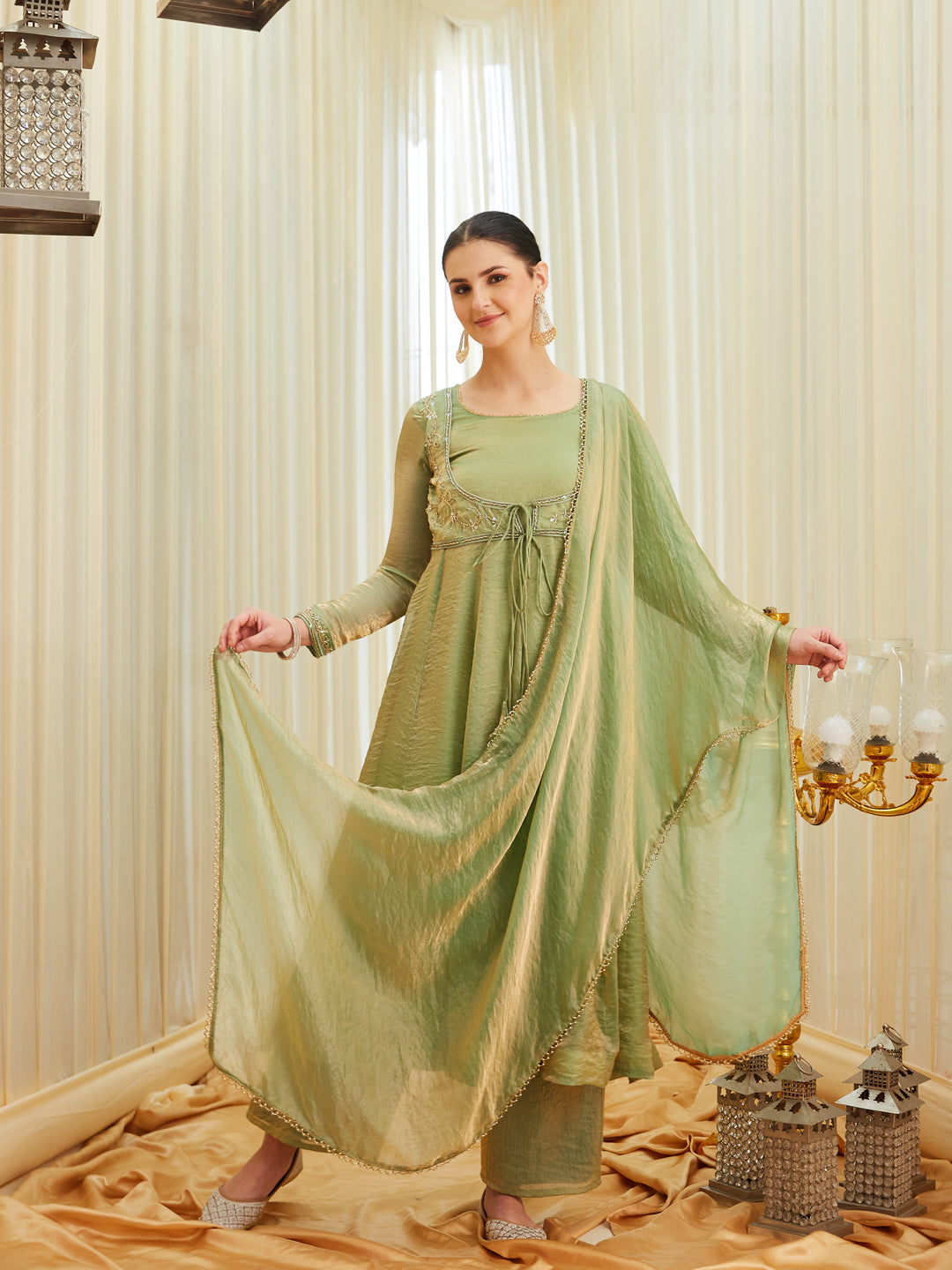 Pista Silk Embroidered Anarkali Kurta Set with Dupatta for Women