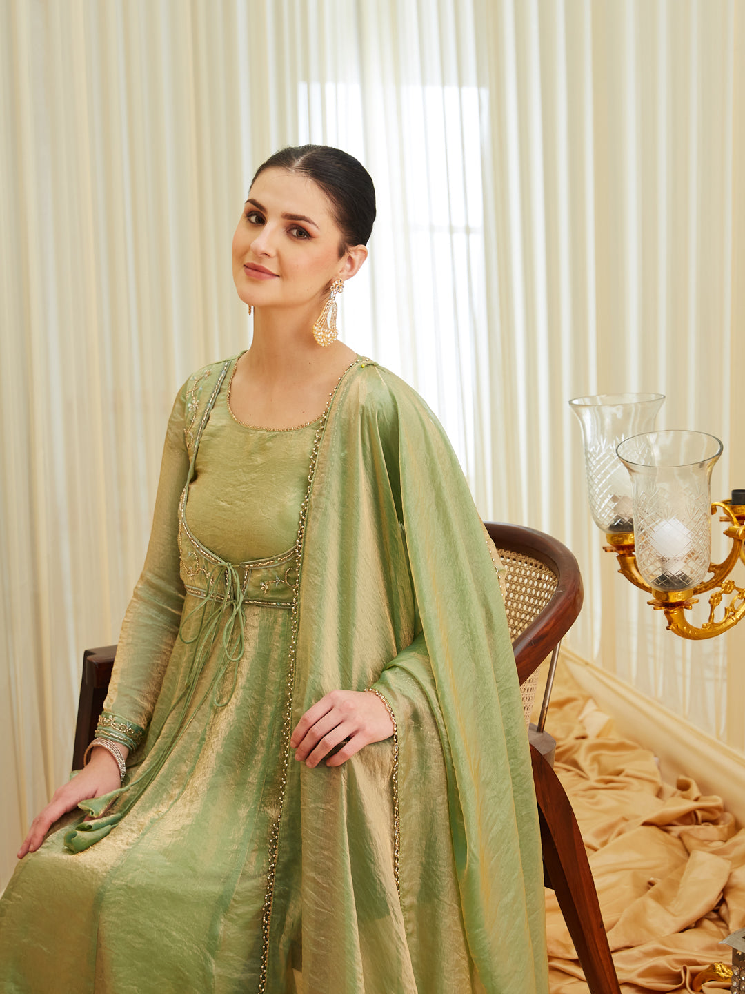 Pista Silk Embroidered Anarkali Kurta Set with Dupatta for Women