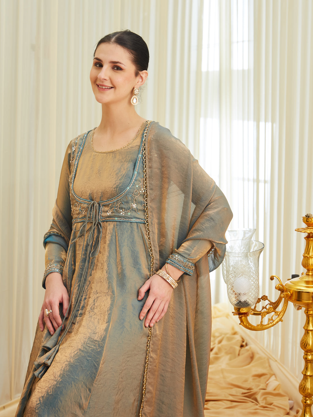 Blue Silk Embroidered Anarkali Kurta Set with Dupatta for Women