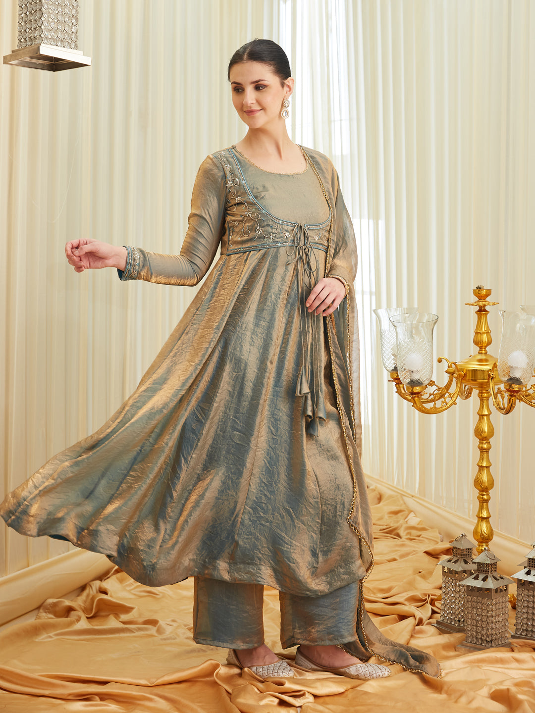 Blue Silk Embroidered Anarkali Kurta Set with Dupatta for Women