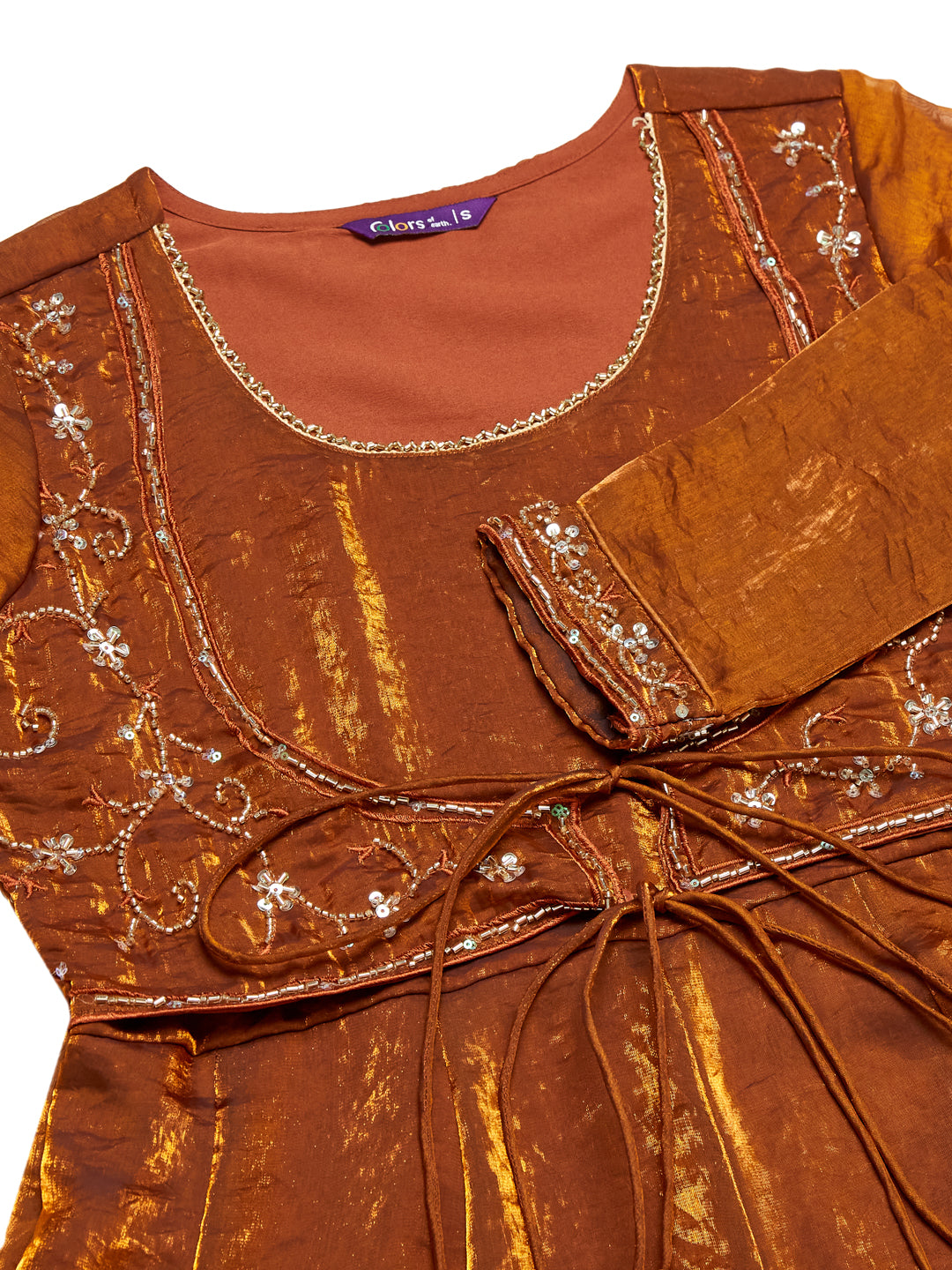 Rust Silk Embroidered Anarkali Kurta Set with Dupatta for Women | neckside design view