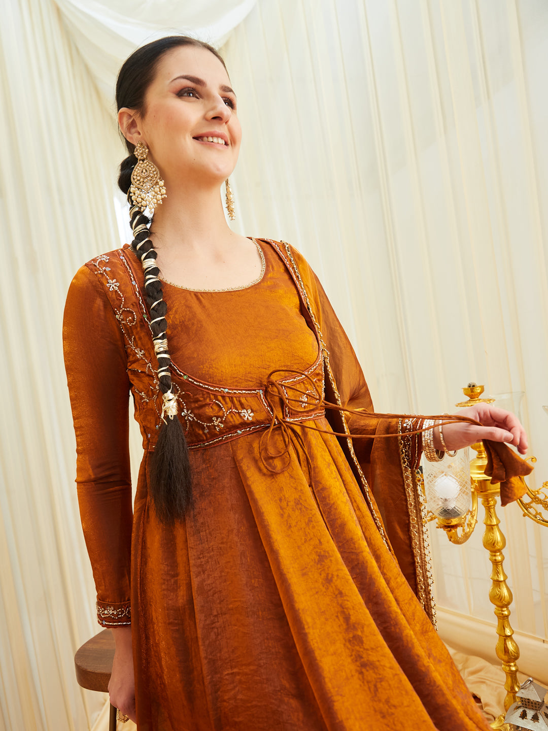 Rust Silk Embroidered Anarkali Kurta Set with Dupatta for Women | oneside dupatta view