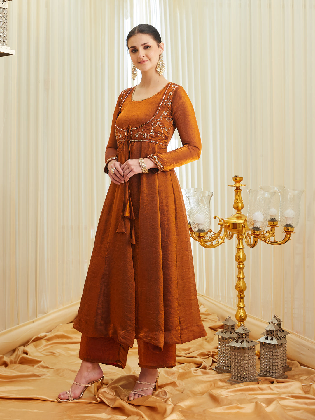 Rust Silk Embroidered Anarkali Kurta Set with Dupatta for Women | without dupatta view