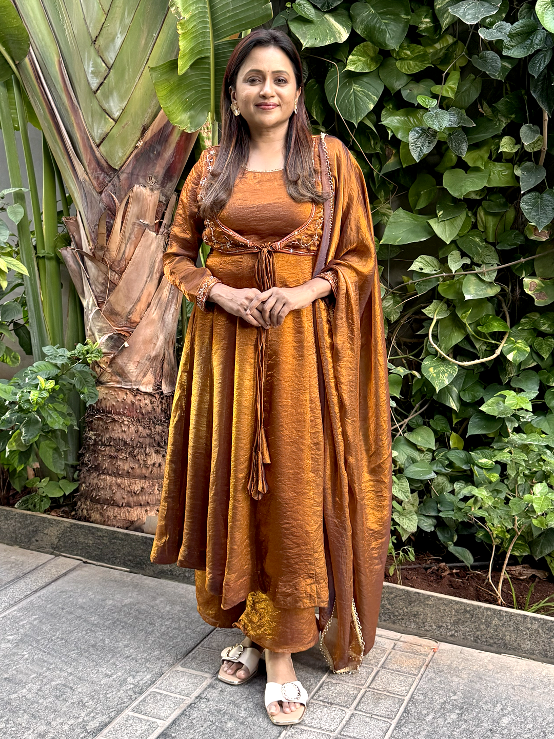 Brown Silk Embroidered Anarkali Kurta Set with Dupatta for Women