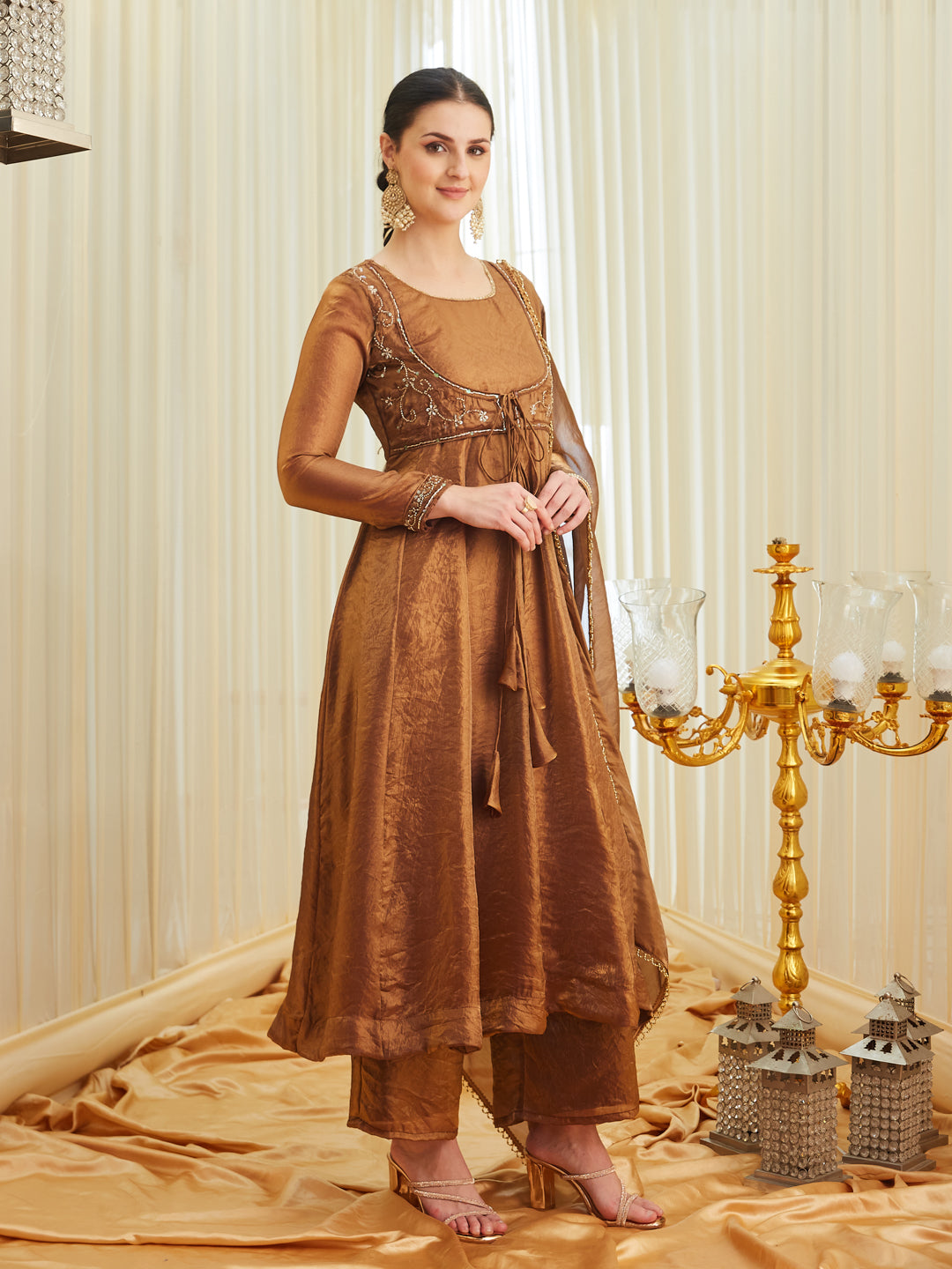 Brown Silk Embroidered Anarkali Kurta Set with Dupatta for Women