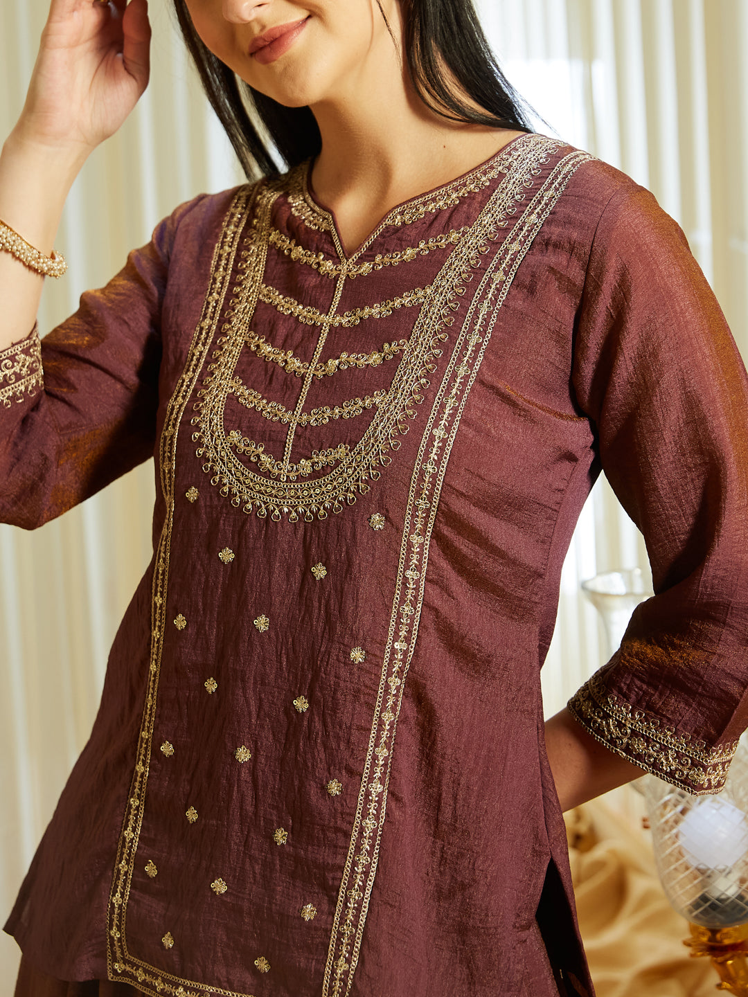 Brown Silk Embroidered Top Sharara Set with Dupatta