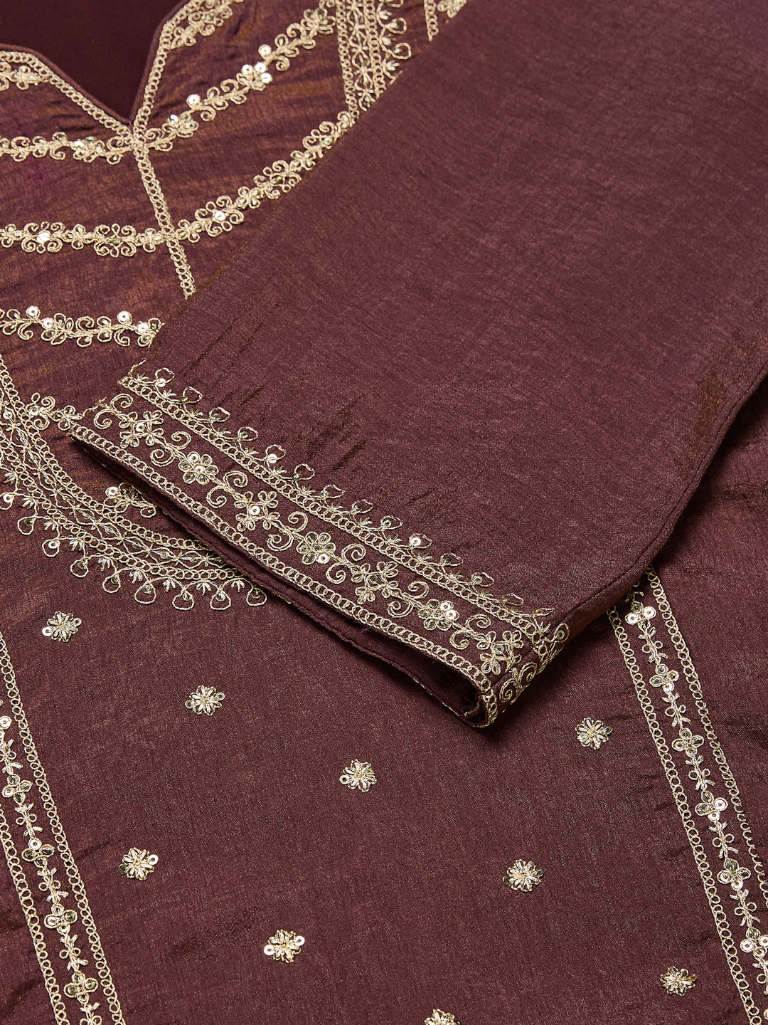 Brown Silk Embroidered Top Sharara Set with Dupatta