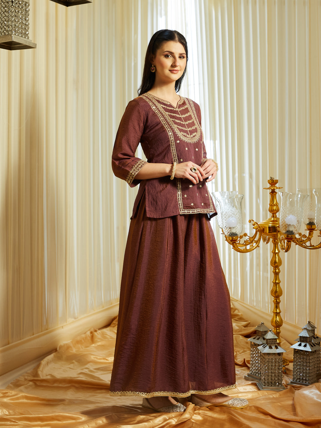 Brown Silk Embroidered Top Sharara Set with Dupatta