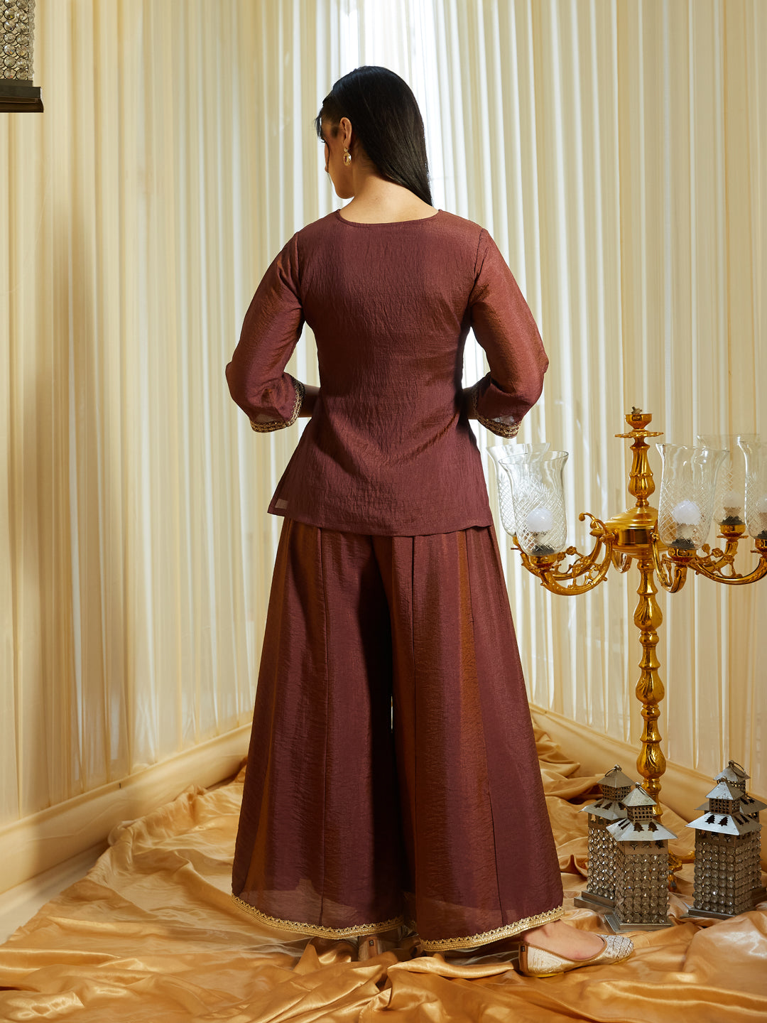 Brown Silk Embroidered Top Sharara Set with Dupatta