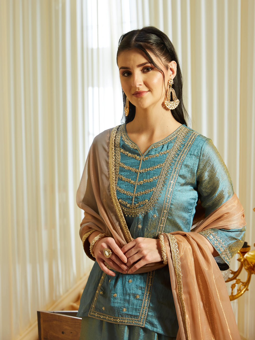 Sky Blue Silk Kurta Sharara Set with Organza Dupatta For Women