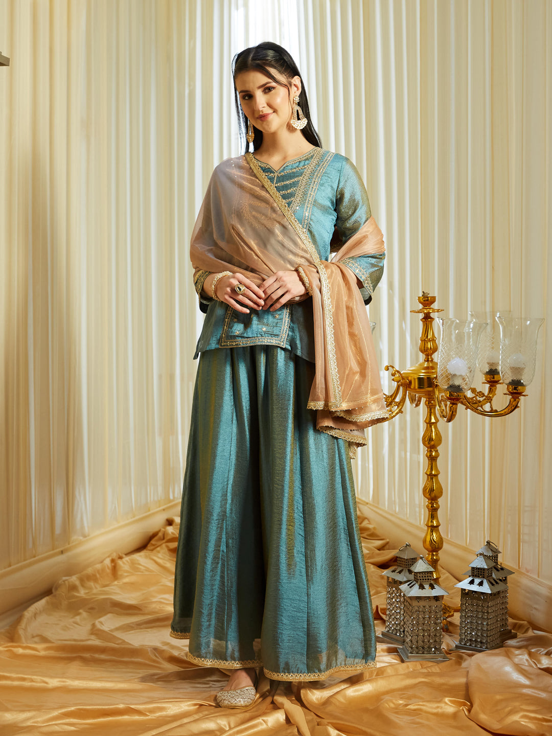 Sky Blue Silk Kurta Sharara Set with Organza Dupatta For Women