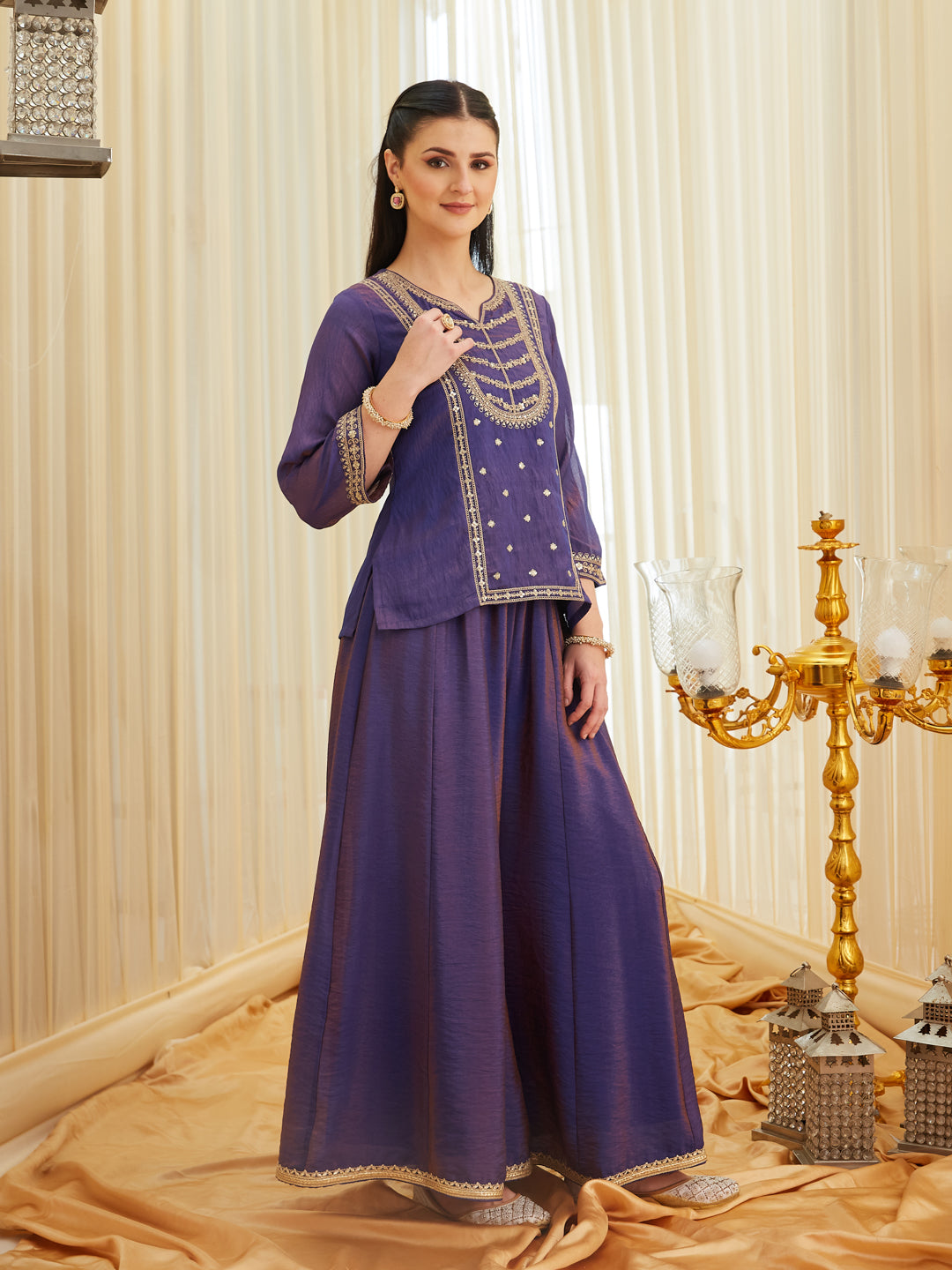 Violet Silk Embroidered Top Sharara Set with Dupatta