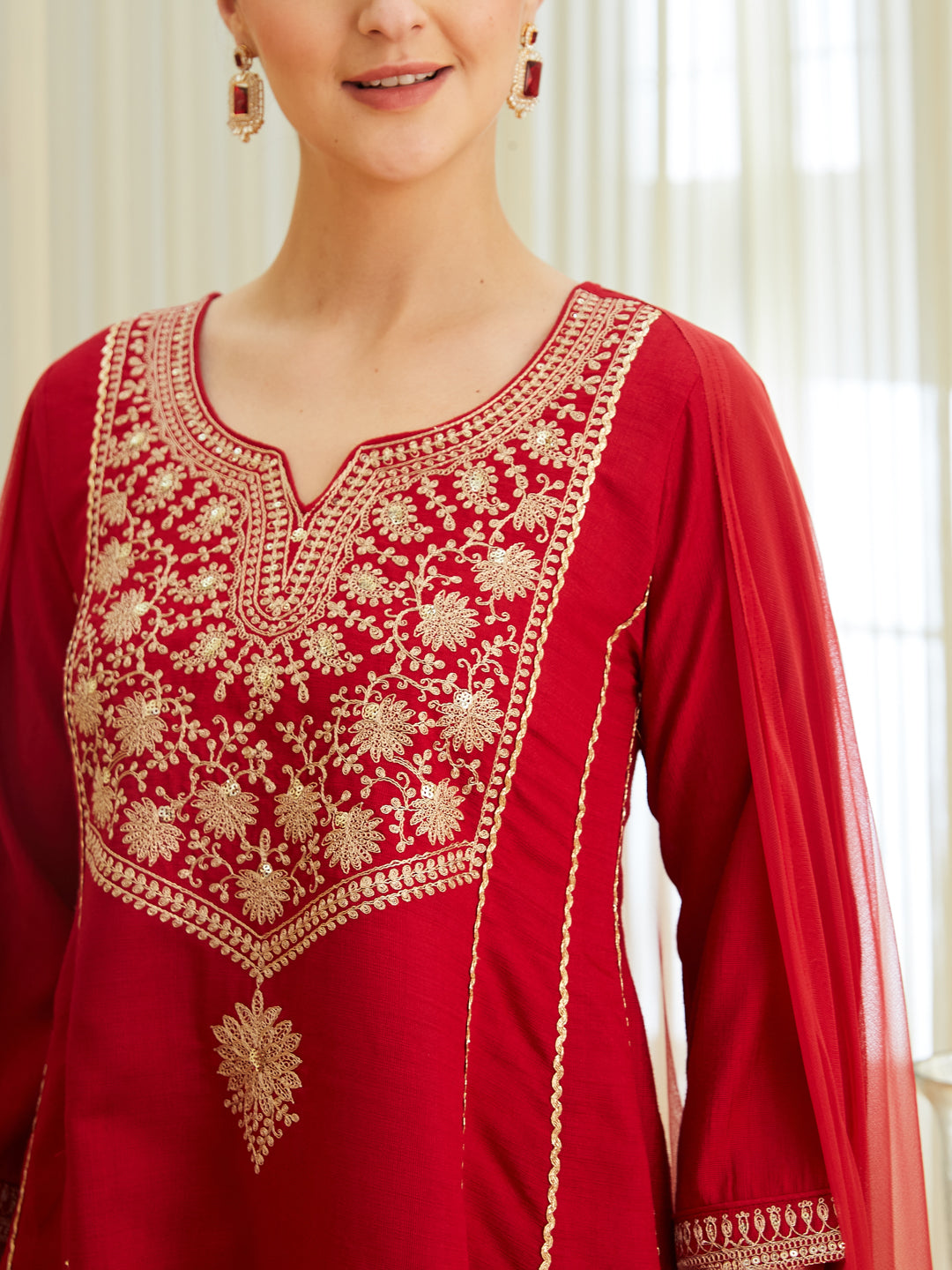 Red Silk Embroidered Anarkali Kurta Set with Dupatta