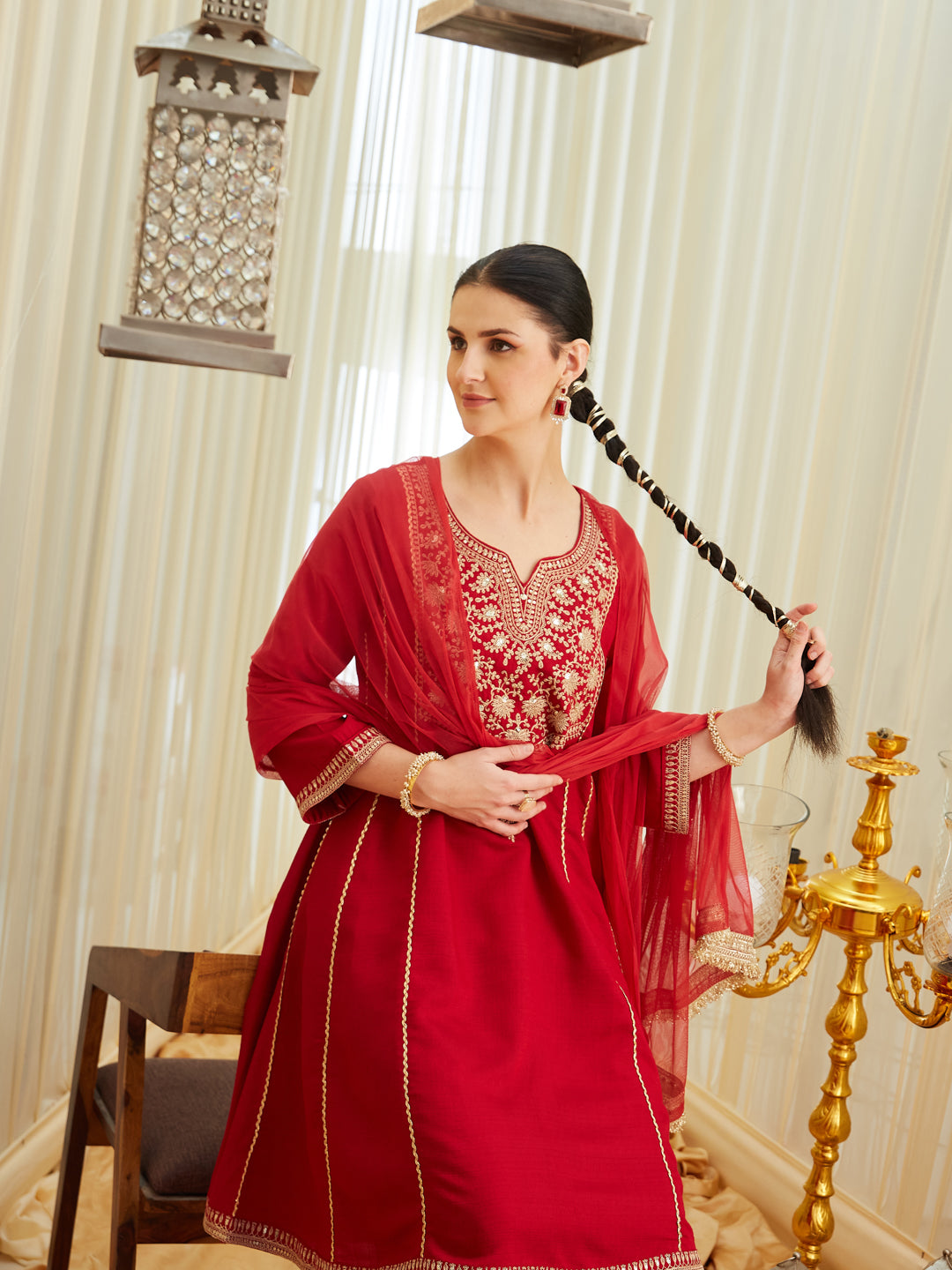 Red Silk Embroidered Anarkali Kurta Set with Dupatta