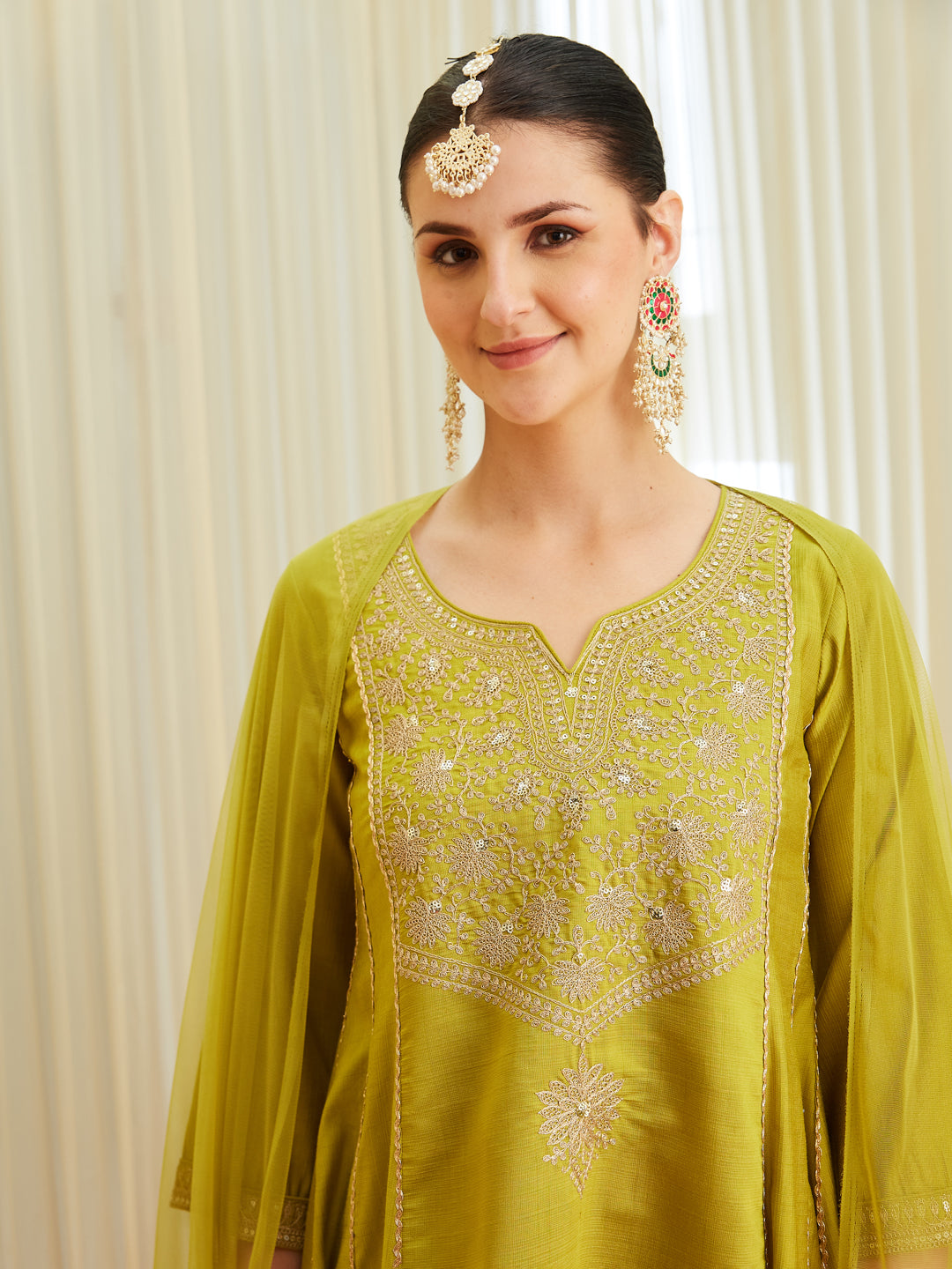 Neon Silk Embroidered Anarkali Kurta Set with Dupatta