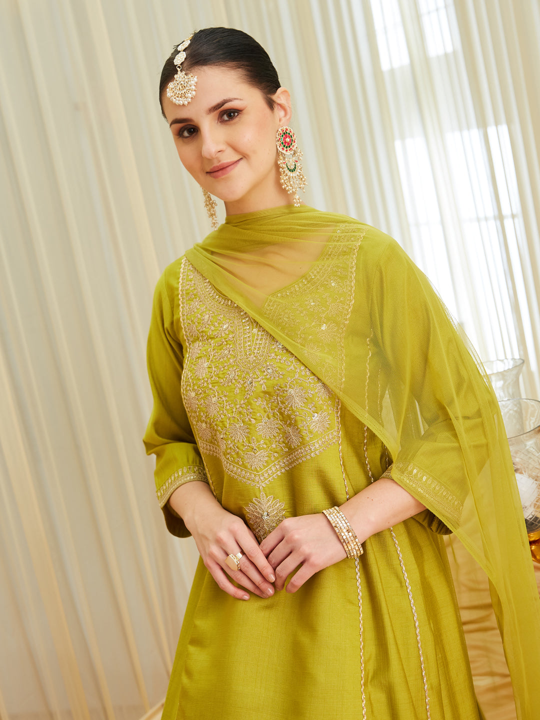 Neon Silk Embroidered Anarkali Kurta Set with Dupatta