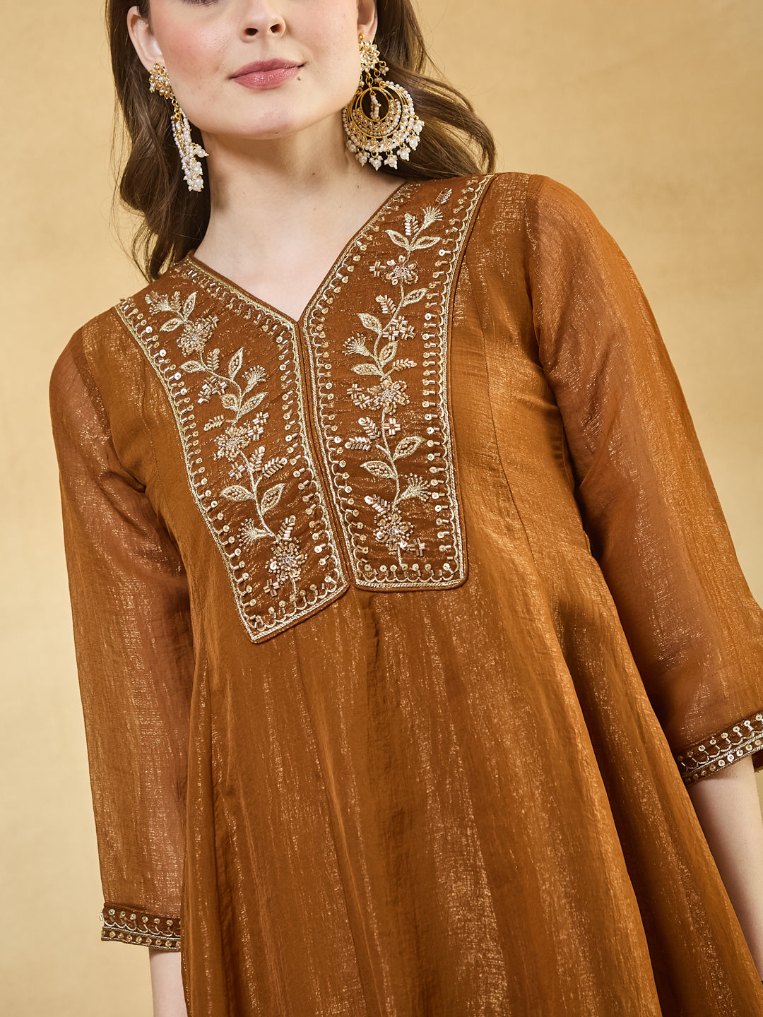Golden Silk Anarkali Kurta Set with Pants & Dupatta For Women
