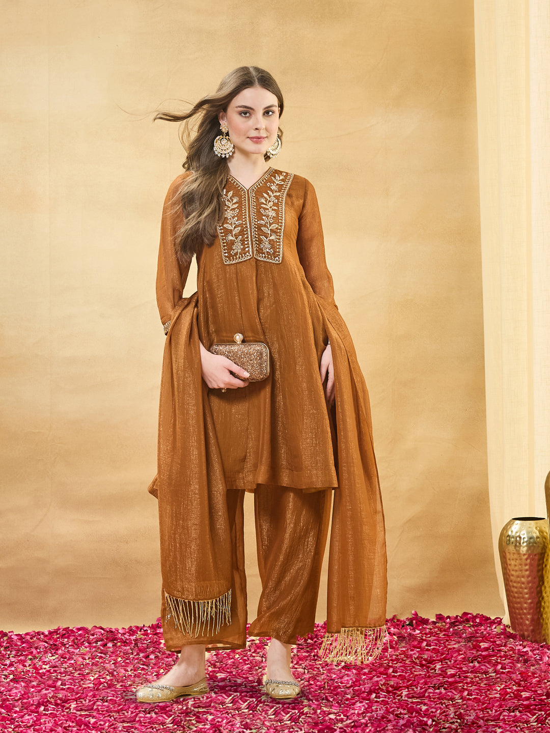 Golden Silk Anarkali Kurta Set with Pants & Dupatta For Women